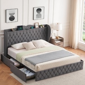 Garvee King Size Bed Frame with 4 Storage Drawers and Charging Station, Velvet Upholstered Platform Bed with Tall Headboard and Storage Shelf, Gray - 1 of 4