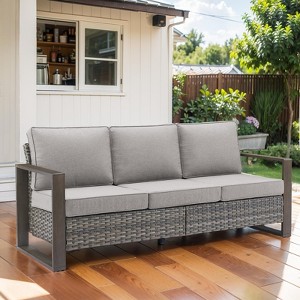 Buenhomino Patio Couch with High Back, 75" 3 Seats Outdoor Sofa, All Weather PE Wicker Couch with 4-inch Cushion for Porch, Backyard, Balcony, Deck - 1 of 4