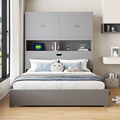 Full Size Wooden Platform Bed With USB, Storage Headboard& Drawers, Grounded Bed, Beds Modern With Headboards Storage-Cuddlewood