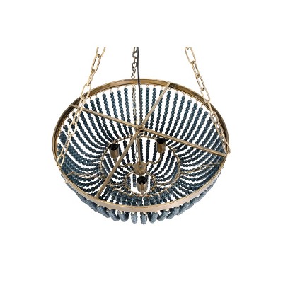 Blue Wood Bead 2-Tier Chandelier with Brass Accents