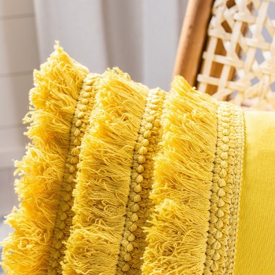 Yellow Cotton Fringed Square Accent Pillow