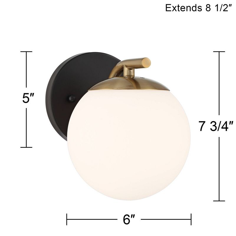 Possini Euro Design Kamara Mid Century Modern Wall Light Sconce Soft Gold Black Hardwire 6" Fixture Frosted White Globe Glass Shade for Bedroom Vanity, 4 of 10