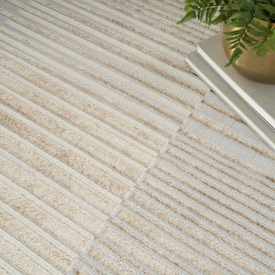 Beige Silver Striped 5' x 7' Synthetic Area Rug