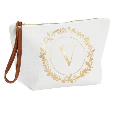 Gold Initial Personalized Makeup Bag for Women, Monogrammed Canvas Cosmetic Pouch (White, 10 x 3 x 6 In)