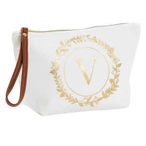 Gold Initial Personalized Makeup Bag for Women, Monogrammed Canvas Cosmetic Pouch (White, 10 x 3 x 6 In) - 1 of 4