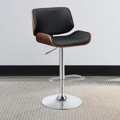 Chrome Adjustable Bar Stool with Gas Lift, Black PU Seat, and Wood Base, Perfect for Home Bars and Reception Areas