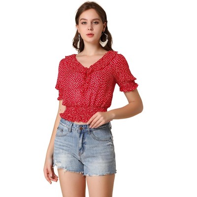 INSPIRE CHIC Women's Ruffle V Neck Short Sleeve Heart Print Smocked Chiffon Blouse