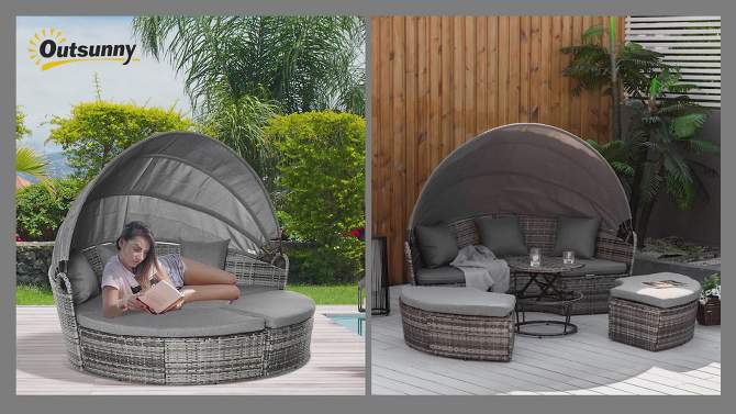 Outsunny 4pc Rattan Patio Furniture Set, Sectional Outdoor Sofa Set with Adjustable Sun Canopy, 2 Chairs, Extending Tea Table, Pillows, 2 of 9, play video
