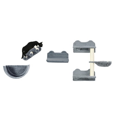 Gray Wall-Mounted Cat Shelves with Hammock and Scratching Post