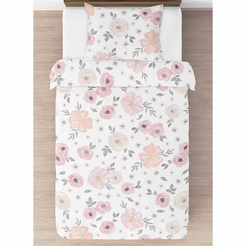 4pc Watercolor Floral Twin Kids&#39; Comforter Bedding Set Pink and Gray - Sweet Jojo Designs, 3 of 7