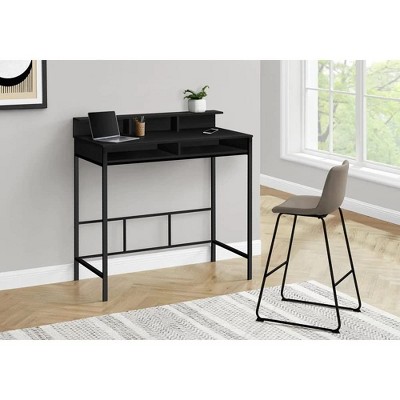 Gray Wood Standing Desk with Hutch and Black Metal Legs
