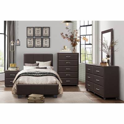 Vynxaria Contemporary Nightstand: Stylish Dark Brown Faux Leather with Silver Bar Pulls and Two Drawers