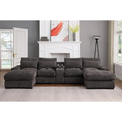 TiramisuBest Modern Luxe Modular Sectional Sofa with Built-in Console, USB Ports, Reclining & Ottomans for Living Room, Dark Gray