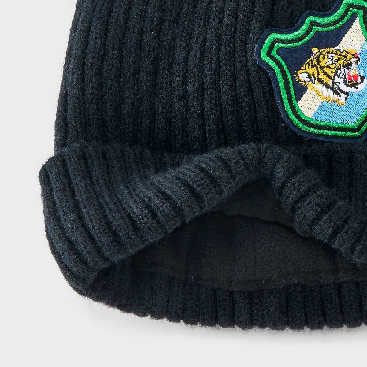 Boys' Patch Beanie Knit Hat - Cat & Jack™ Black - thumbnail 3