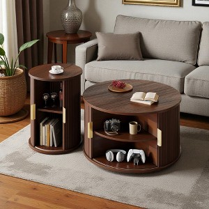 Mshliw Mid-Century 2-Piece Coffee Table Set with Fluted Tambour Doors & Gold Handles, Round Wood Veneer Side Tables for Living Room - 1 of 4