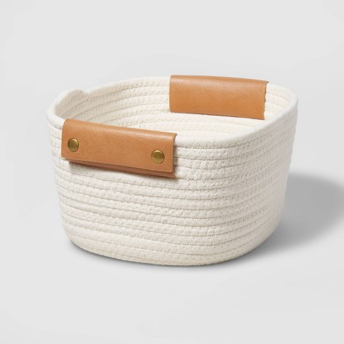 11" Decorative Coiled Rope Square Base Tapered Basket with Leather Handles Small White - Brightroom™ - image 1 of 4