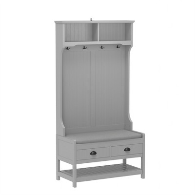 PAGED Freestanding Coat Racks with 2 Storage Drawers and Padded Seat Cushion,Hall Tree with 4 Hooks,Entryway Furniture for Hanging Clothes,Gray