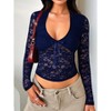 Women's Sheer Floral Lace Long Sleeve Crop Top - Sweetheart Neckline with Bow Accent - 3 of 4