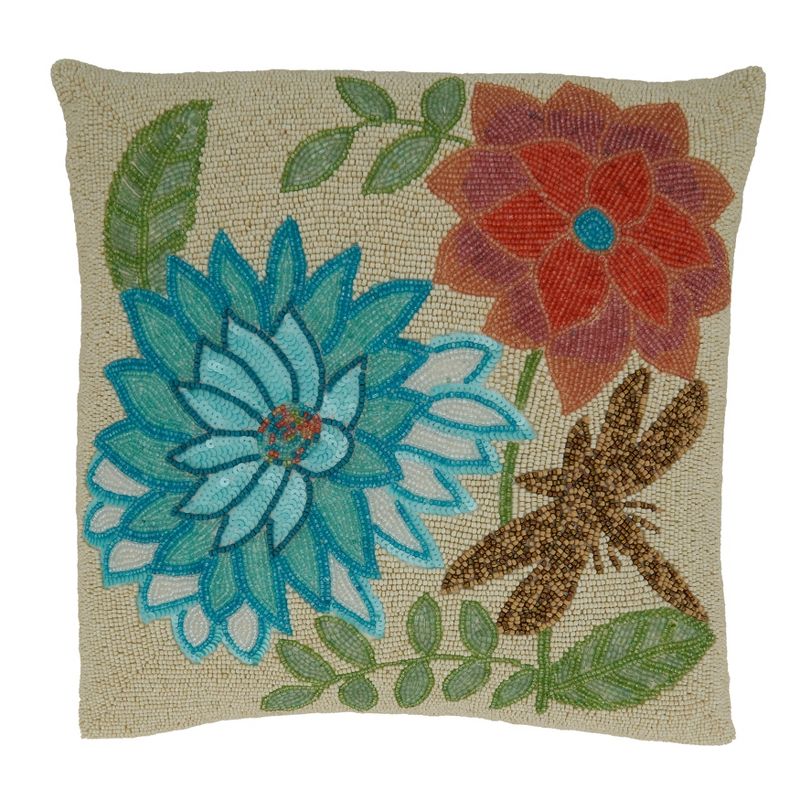 Saro Lifestyle Beaded Flower Pillow - Poly Filled, 16" Square, Multi, 1 of 4