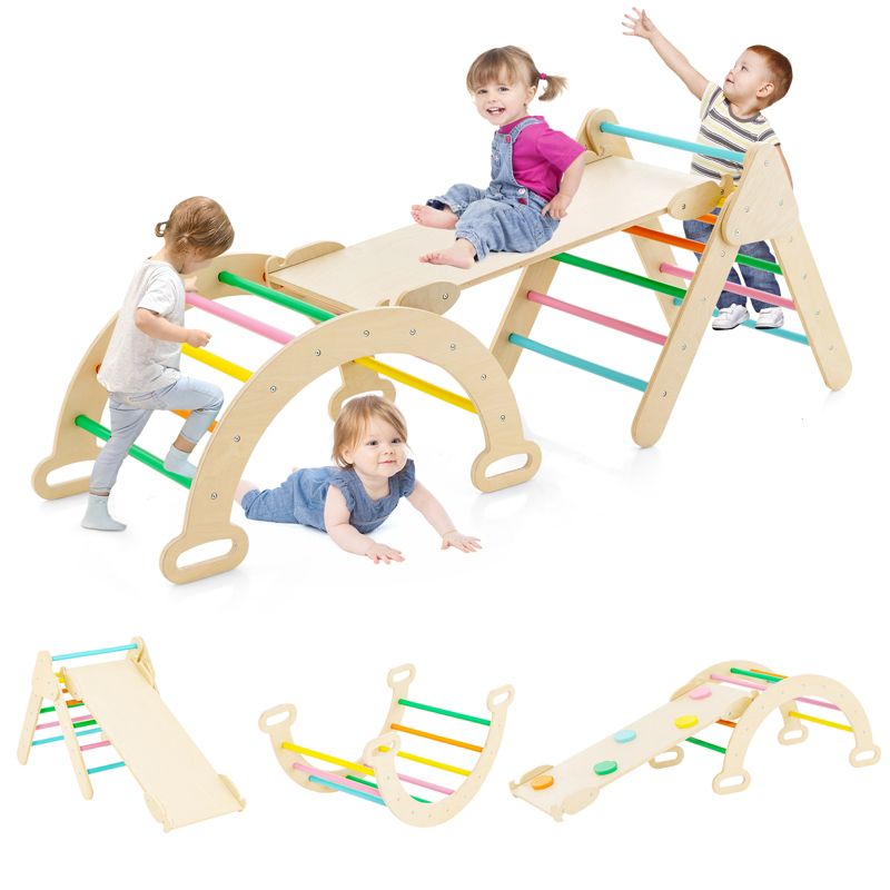 Costway 3-in-1 Kids Climber Set Toddler Wooden Play Arch with Sliding and Climbing Ramp, 1 of 4