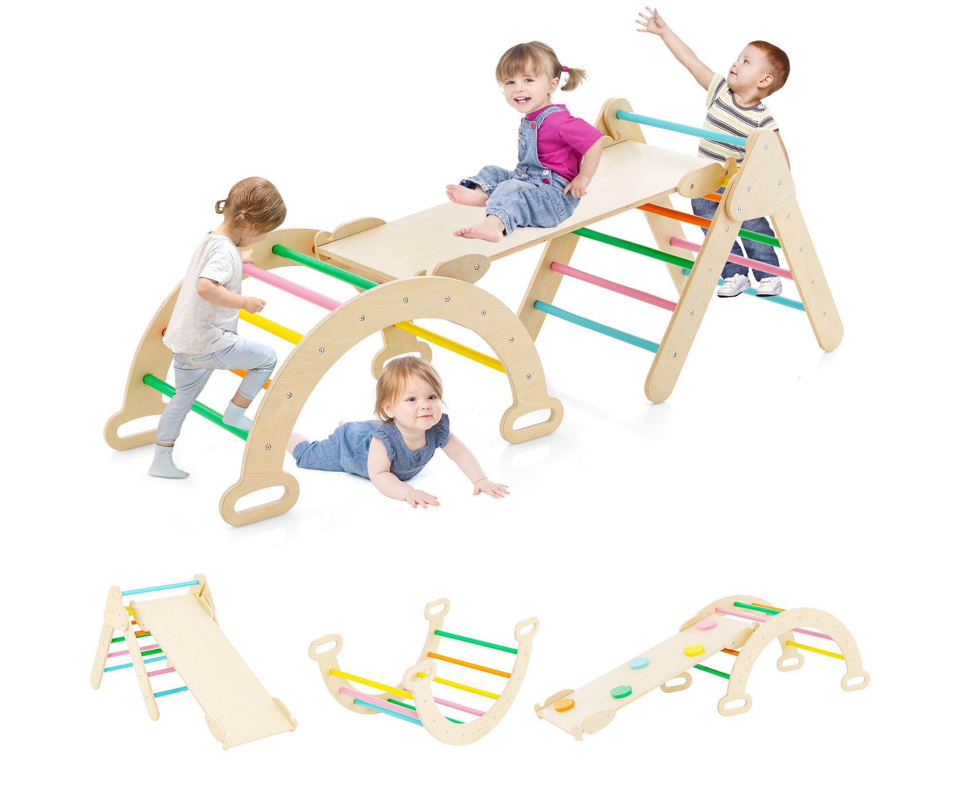 Costway 3-in-1 Kids Climber Set Toddler Wooden Play Arch with Sliding and Climbing Ramp