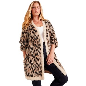 June + Vie by Roaman's Women's Plus Size Leopard-Print Eyelash Cardigan - 1 of 4