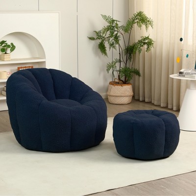 Bouclé Bean Bag Chair with Ottoman, Cozy Foam-Filled Lounge Chair for Adults, Upholstered Teddy Fabric Fuzzy Beanbag Chairs– Cuddlewood
