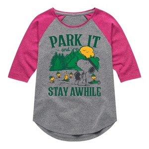 Girls' - Peanuts - Park It And Stay Awhile Shirt Tail Raglan Graphic T-shirt - 1 of 4
