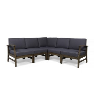 GDFStudio Abena Outdoor Acacia Wood 5 Seater Sectional Sofa Set with Cushions - 1 of 4