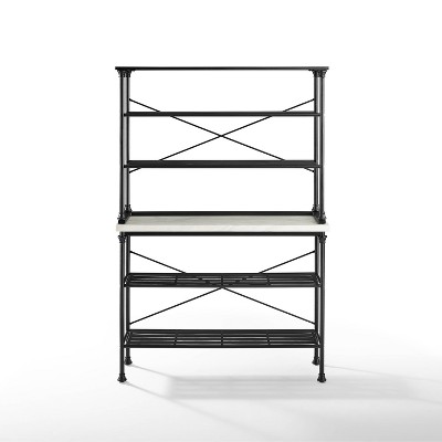 Elegant French Industrial Inspired Matte Black Baker's Rack with Faux Marble Top