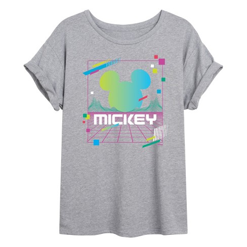 Women s Disney Mickey Vaporwave Sunset Oversized Graphic T shirt Heather Grey 2 X large Target