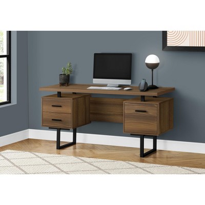 Vynxaria Computer Desk, Home Office, Laptop, Left, Right Set-up, Storage Drawers, 60"l, Work, Walnut Laminate, Black Metal,Modern