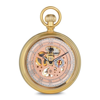 Black Bow Jewelry Charles Hubert Gold Finish Open Face Rose Dial Pocket Watch