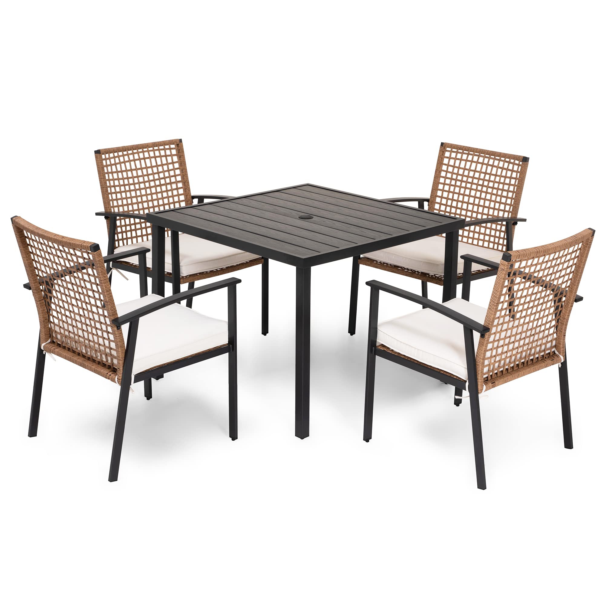 5 Pieces Outdoor Patio Dining Set, Wicker Patio Furniture Set of 4 Chairs with Soft Cushion and Square Table