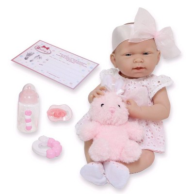 JC Toys La Newborn 15" Girl Doll - White Eyelet Dress with Bunny and Accessories