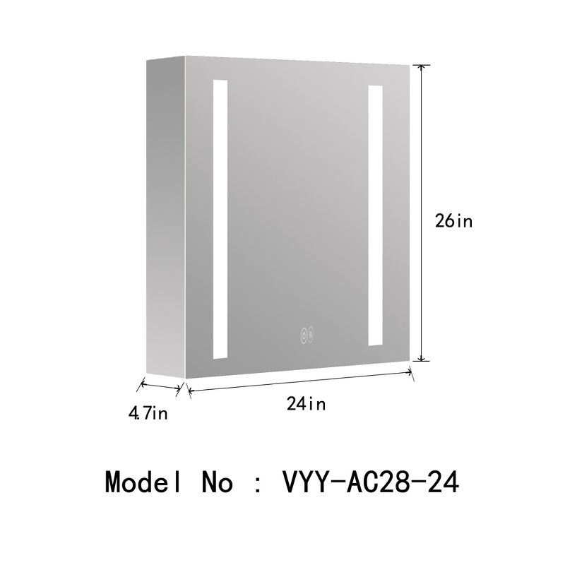 Vyaya Erie 26 in. H Rectangular Silver Aluminum Recessed or Surface Mount LED Mirror Medicine Cabinet, 2 of 15