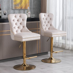 HDZNVF Set of 2 Thick Golden Swivel Velvet Barstools Adjusatble Seat Height from 27-35 Inch, Beige - 1 of 4