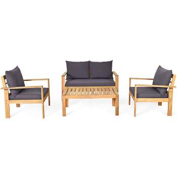 Tangkula 4 PCS Outdoor Acacia Wood Conversation Sofa Table Furniture Set W/ Grey Cushions