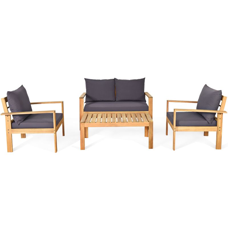 Tangkula 4 PCS Outdoor Acacia Wood Conversation Sofa Table Furniture Set W/ Grey Cushions, 1 of 11