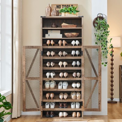 SinCiDo Farmhouse Shoe Cabinet for Family, Large Capacity for 30 shoes, Tall Rustic Freestanding Shoe Racks, Wood Shoe Organizer Cabinet, Light Brown