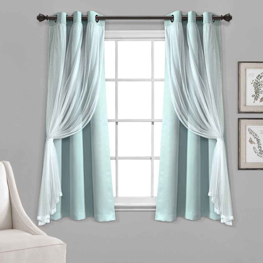 Photos - Curtain Rod / Track Set of 2  Grommet Top Sheer Panels with Insulated Blackout Lining Blue - Lush Décor: Energy Efficient, Polyester(63"x38")