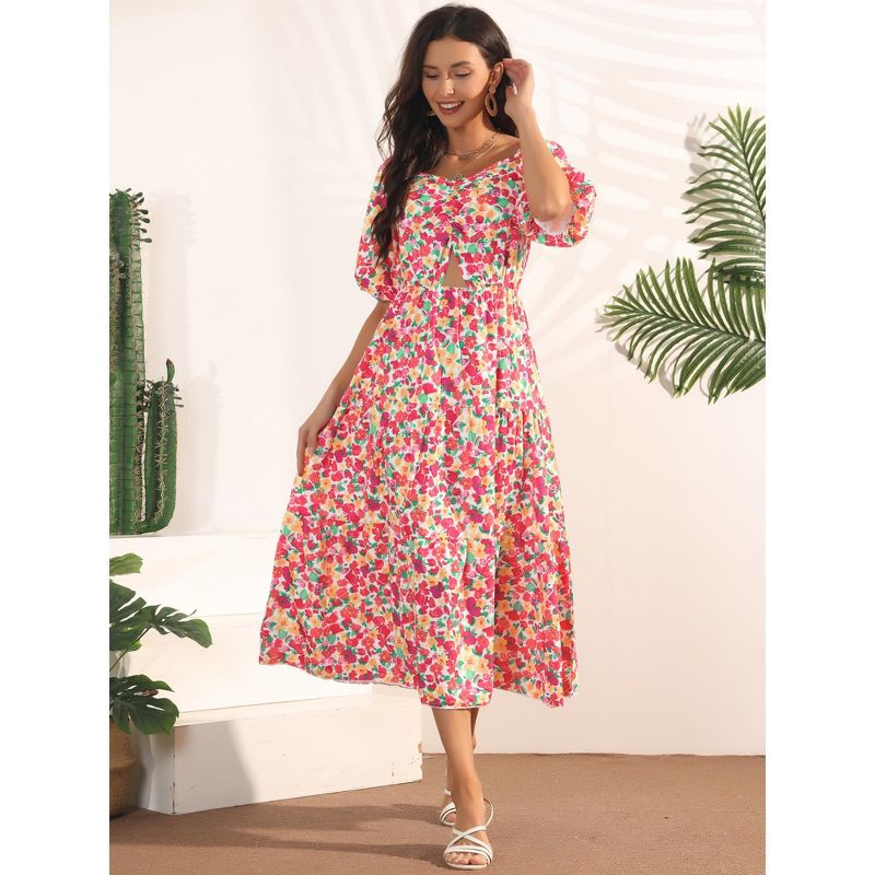 Seta T Women's Summer Casual Flowy Beach Square Neck Puff Short Sleeve Smocked Back Boho Floral Long Maxi Dress, 3 of 6