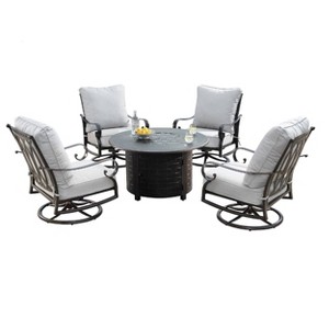 5pc Set with 44" Outdoor Round Aluminum Fire Table & 4 Deep Seating Swivel Rocking Chairs & Wind Blocker Lid - Oakland Living - 1 of 4