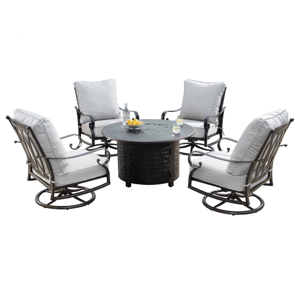 Photos - Dining Table 5pc Set with 44" Outdoor Round Aluminum Fire Table & 4 Deep Seating Swivel Rocking Chairs & Wind Blocker Lid - Oakland Livin