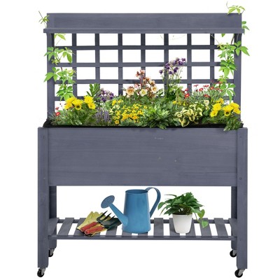 Gray Cedar Raised Garden Bed with Trellis and Storage Shelves
