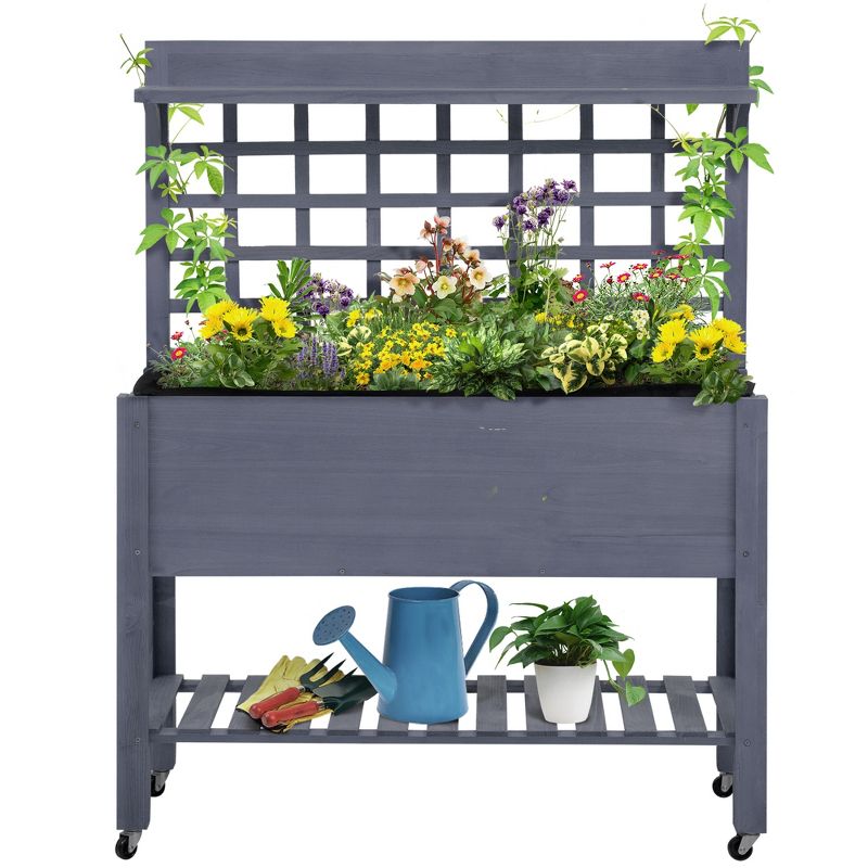Outsunny 41'' Raised Garden Bed Mobile Elevated Wooden Planter Box Stand with Wheels, Trellis and Storage Shelf, 4 of 7