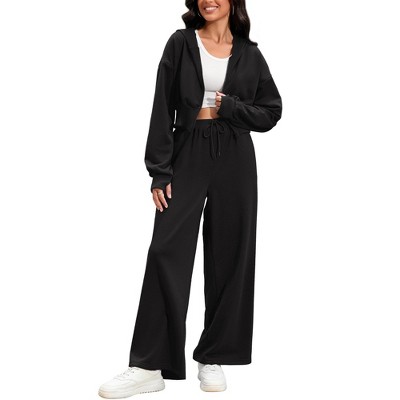 ATHLECHIC Women's Outfits Tracksuits Casual Cropped Hoodie Wide Leg Pants Travel Workout Lounge 2 Piece Sets
