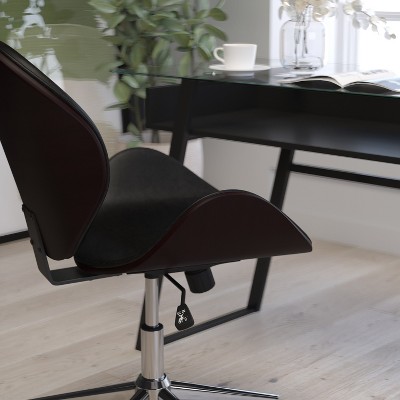 Black Faux Leather Swivel Executive Chair with Mahogany Frame