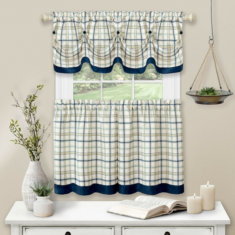 Kate Aurora Country Farmhouse Plaid 3 Pc Tattersall Cafe Kitchen Curtain Tier & Valance Set, 1 of 2