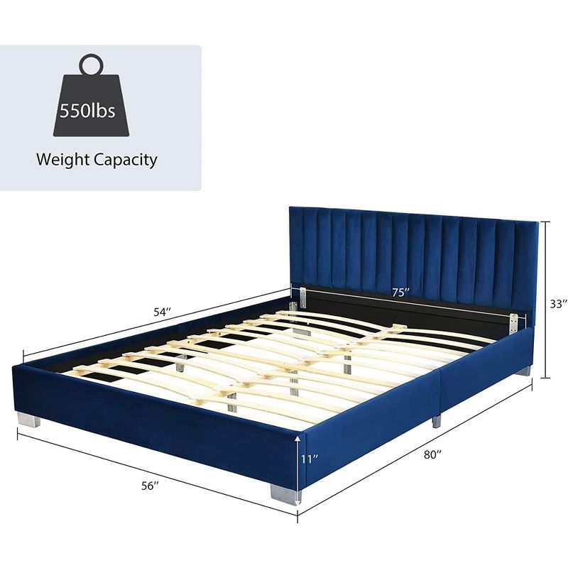 Costway Upholstered Bed Frame Full Size Modern Platform Bed with Vertical Channel Headboard No Box Spring Needed Navy/Grey, 5 of 11